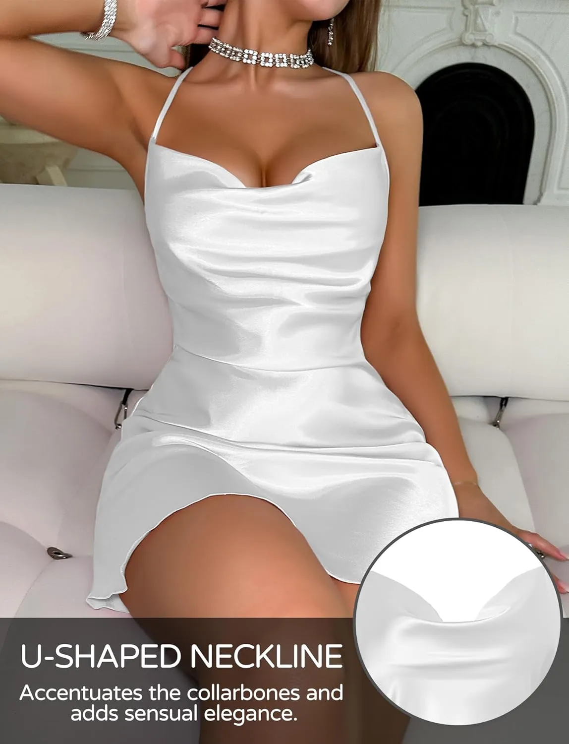 FEOYA Women Sexy Low Cut Cowl Neck Nightgown Criss Cross Back Sleeveless Satin Silky Full Slips Sleepdress Cocktail Dress