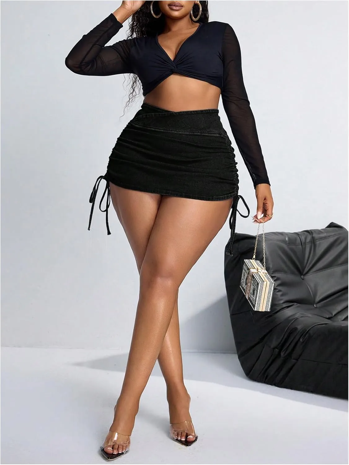 Floerns Women's Plus Size Cross Wrap Waist Denim Skirt Drawstring Side Mini Skirt