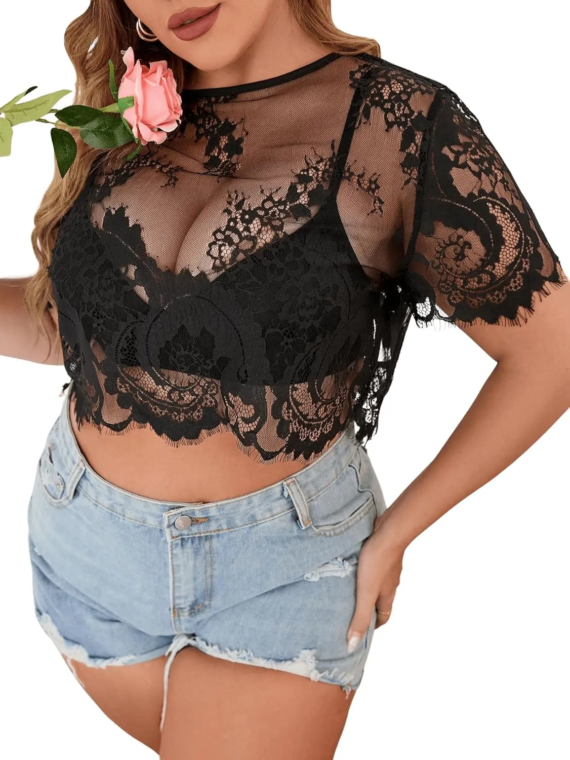 Floerns Women's Plus Size Sheer Mesh Short Sleeve Crop Top T Shirt Without Bra