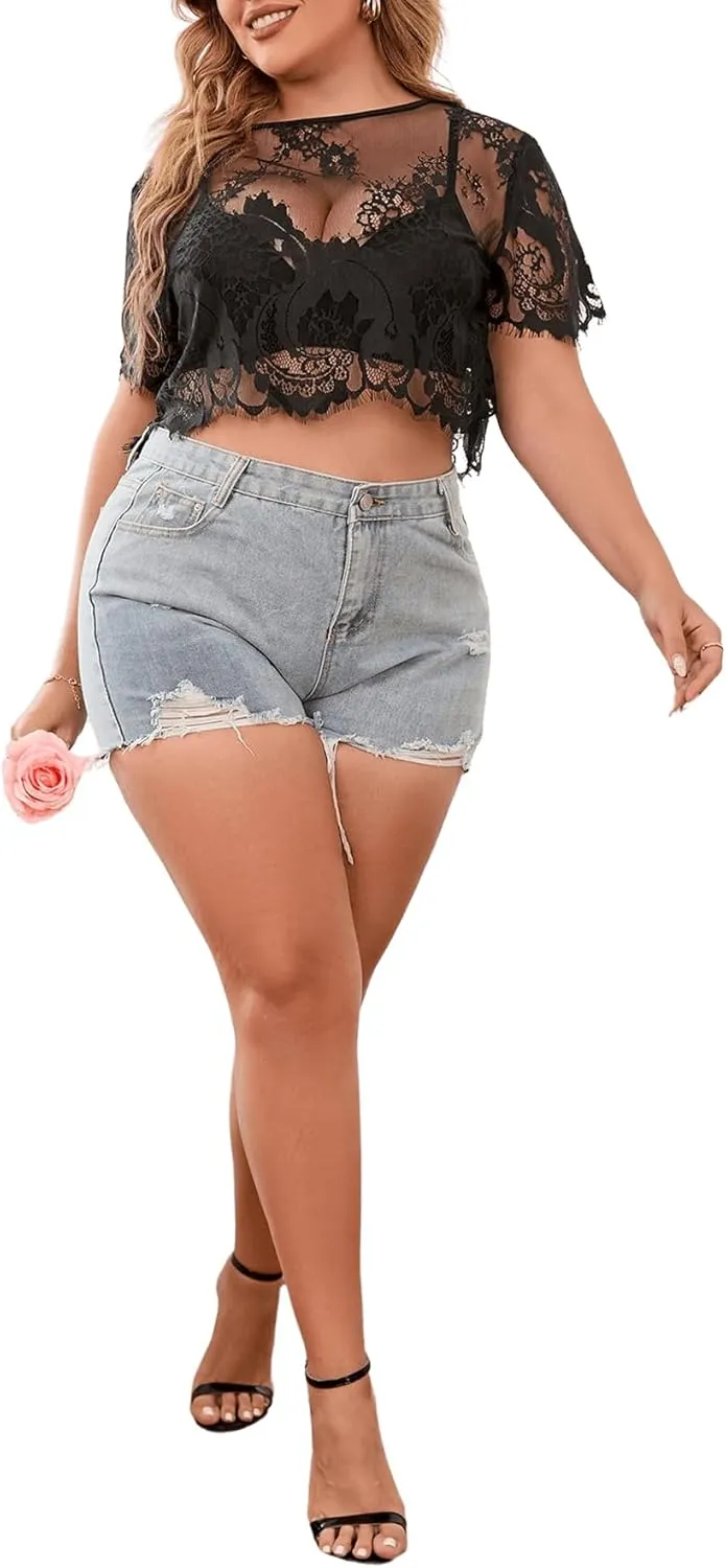 Floerns Women's Plus Size Sheer Mesh Short Sleeve Crop Top T Shirt Without Bra