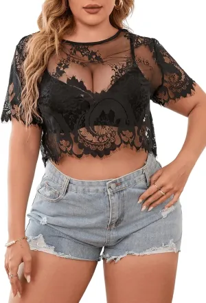 Floerns Women's Plus Size Sheer Mesh Short Sleeve Crop Top T Shirt Without Bra
