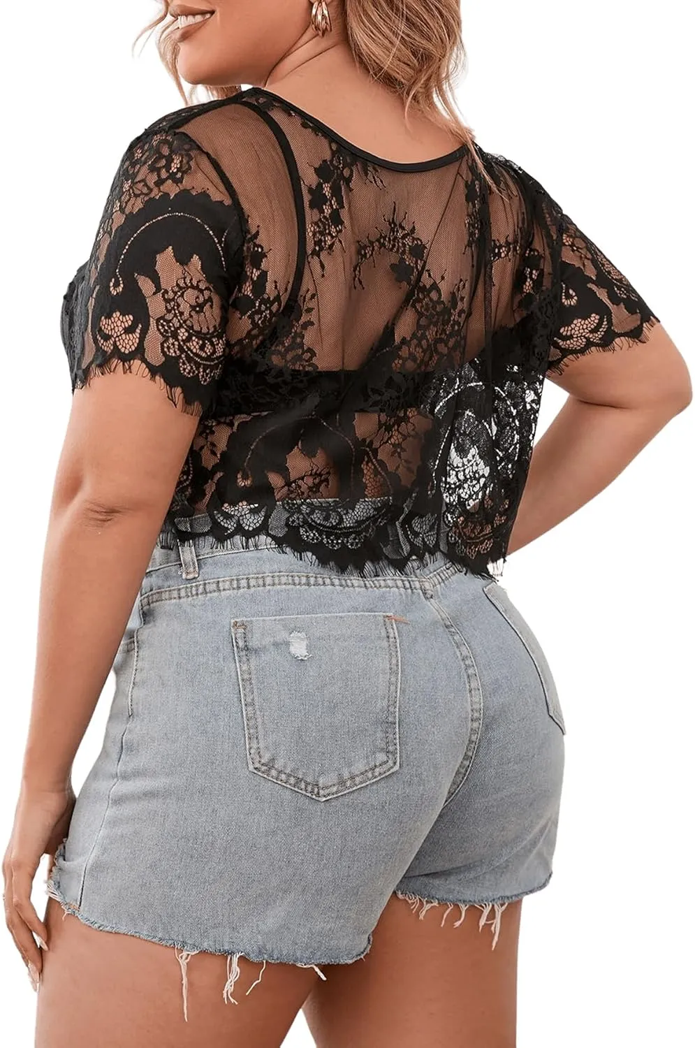 Floerns Women's Plus Size Sheer Mesh Short Sleeve Crop Top T Shirt Without Bra