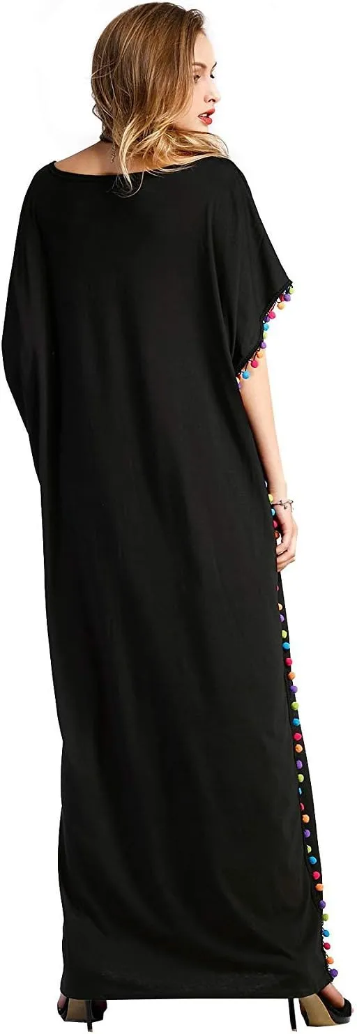 Floerns Women's Pom Pom Trim O Neck Casual Loose Maxi Kaftan Dress