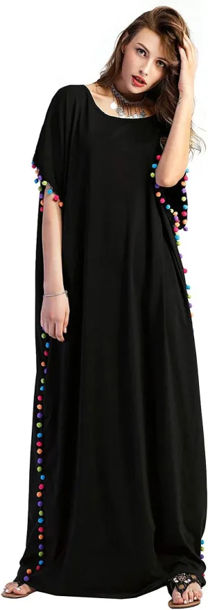 Floerns Women's Pom Pom Trim O Neck Casual Loose Maxi Kaftan Dress