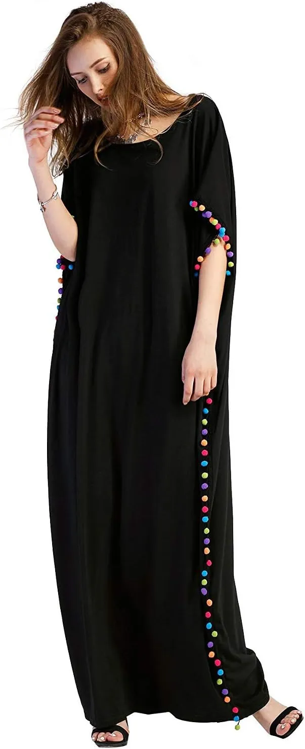 Floerns Women's Pom Pom Trim O Neck Casual Loose Maxi Kaftan Dress