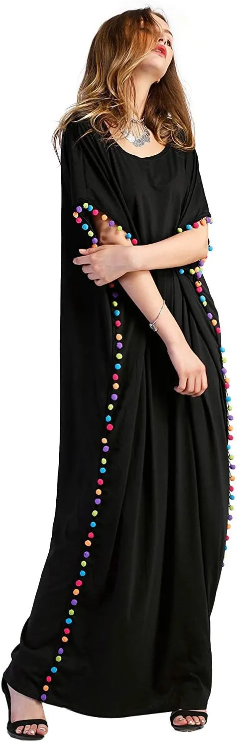 Floerns Women's Pom Pom Trim O Neck Casual Loose Maxi Kaftan Dress