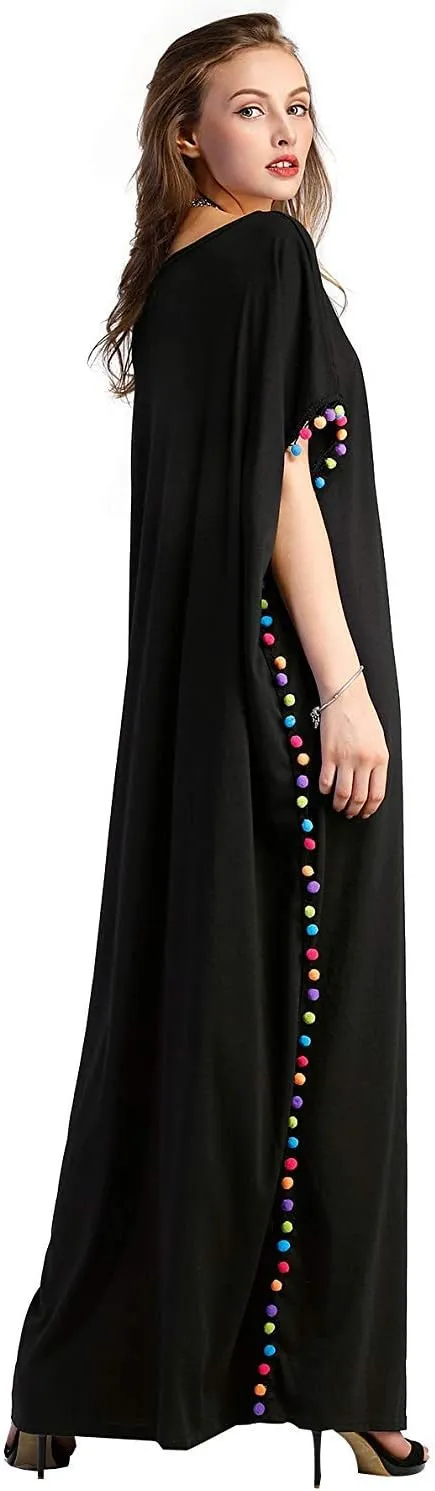 Floerns Women's Pom Pom Trim O Neck Casual Loose Maxi Kaftan Dress