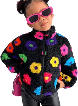 Girl's Floral Print Zip Up Fuzzy Jackets Mock Neck Long Sleeve Teddy Outerwear Coat