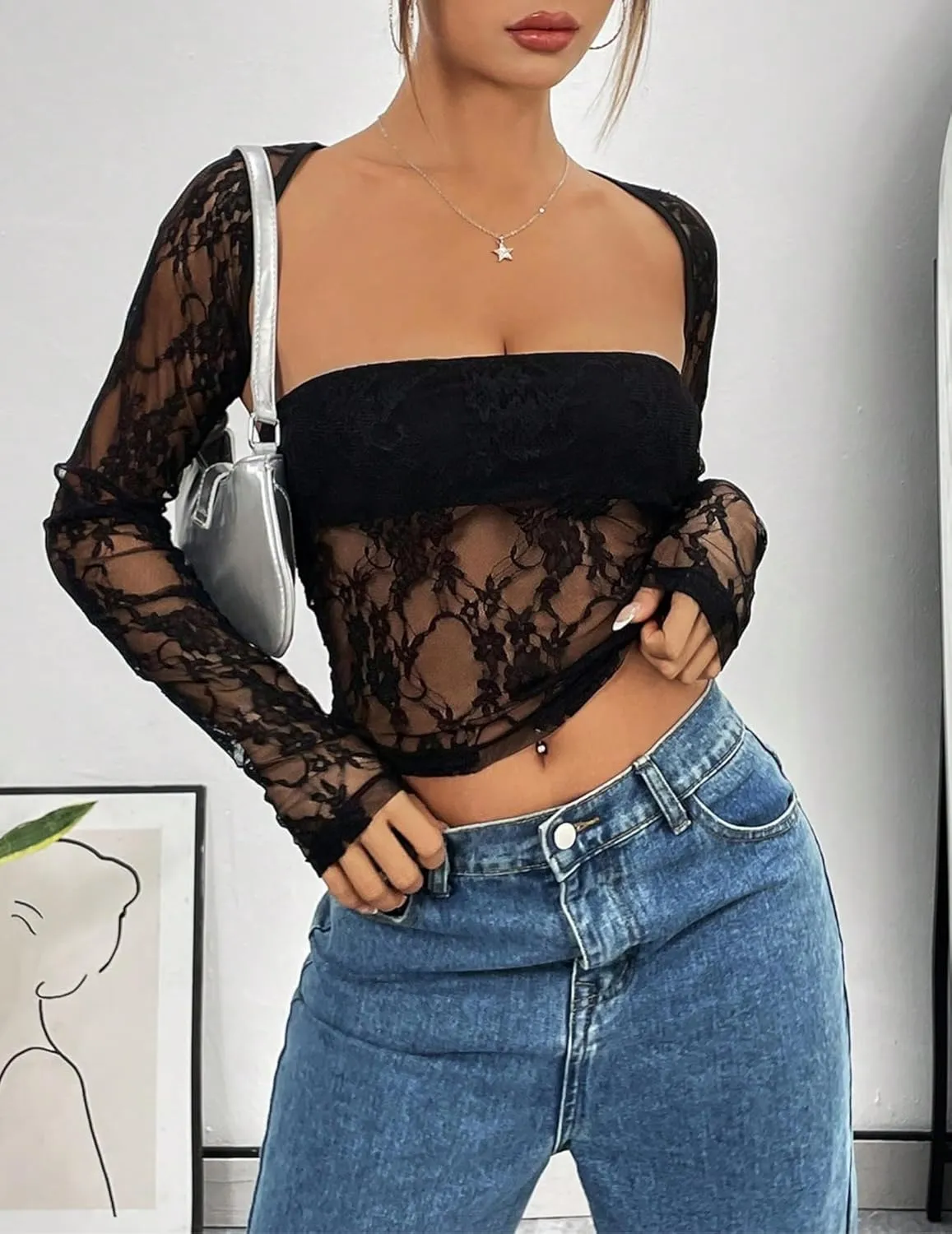 Going Out Tops for Women Long Sleeve 2 Piece Square Neck Tank Top Lace Mesh Sheer Crop Tops Strapless Shirts