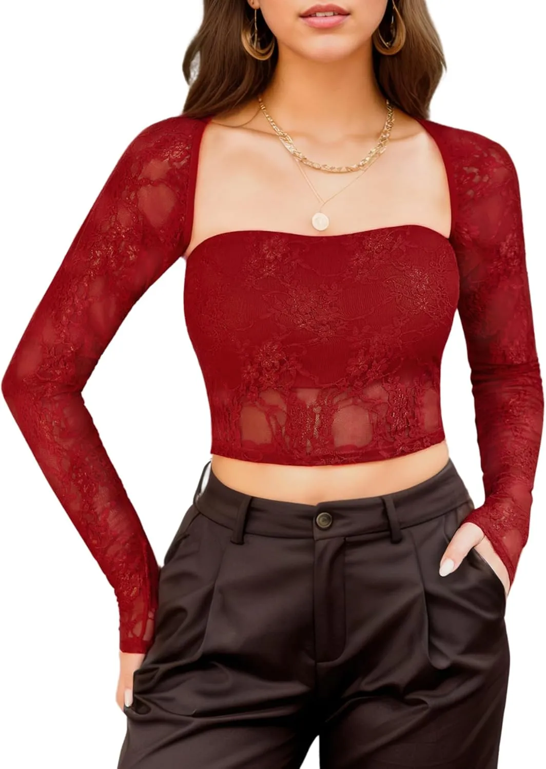 Going Out Tops for Women Long Sleeve 2 Piece Square Neck Tank Top Lace Mesh Sheer Crop Tops Strapless Shirts
