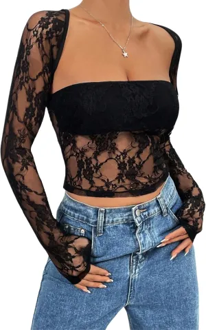 Going Out Tops for Women Long Sleeve 2 Piece Square Neck Tank Top Lace Mesh Sheer Crop Tops Strapless Shirts