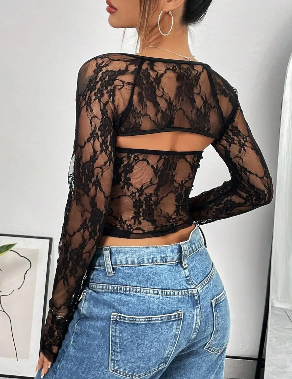 Going Out Tops for Women Long Sleeve 2 Piece Square Neck Tank Top Lace Mesh Sheer Crop Tops Strapless Shirts