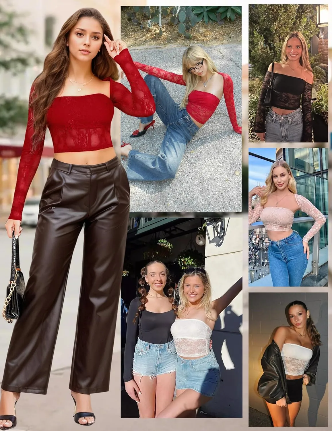 Going Out Tops for Women Long Sleeve 2 Piece Square Neck Tank Top Lace Mesh Sheer Crop Tops Strapless Shirts