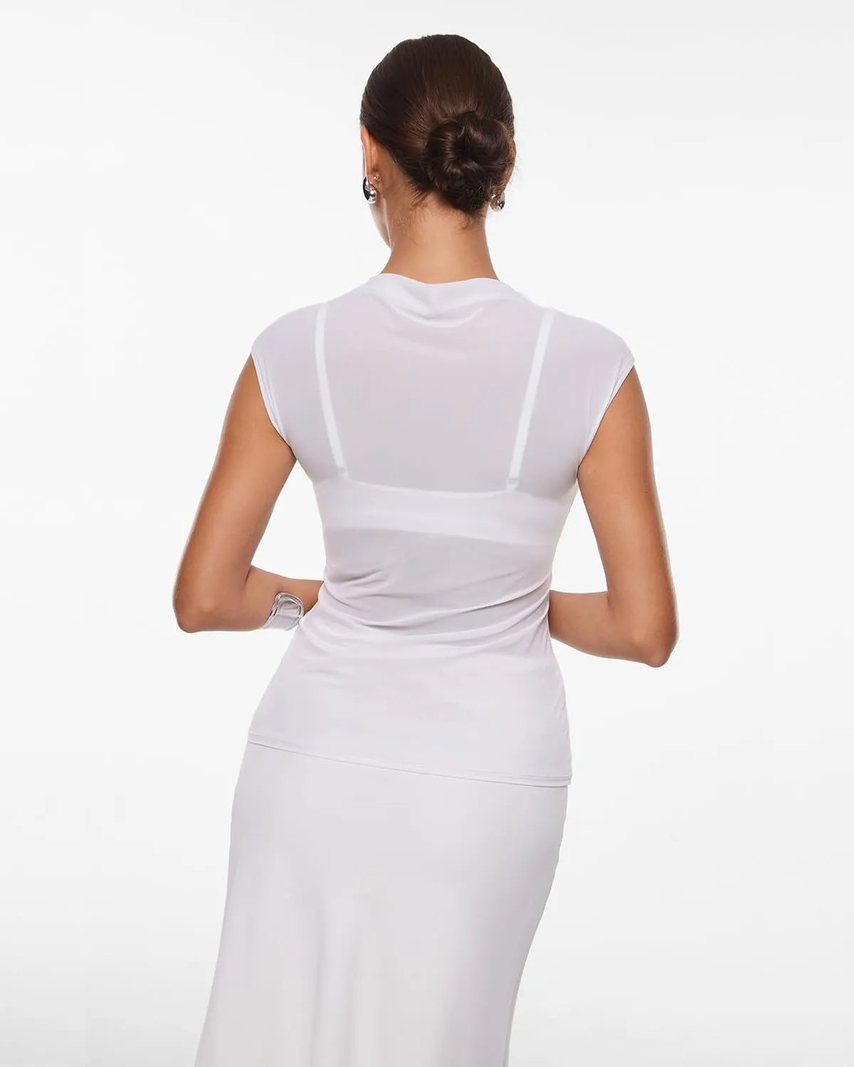 INLYRIC Women's Cosnufy Mesh Sheer Mock Turtle Neck Tank Tops See Through Sleeveless Sexy Summer Going Out Tops