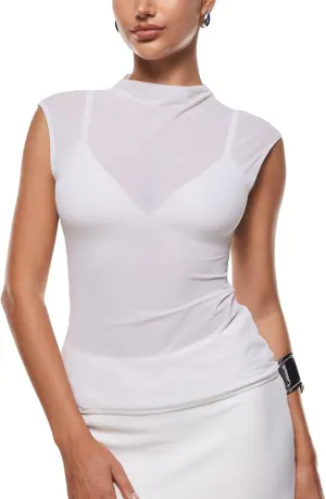 INLYRIC Women's Cosnufy Mesh Sheer Mock Turtle Neck Tank Tops See Through Sleeveless Sexy Summer Going Out Tops