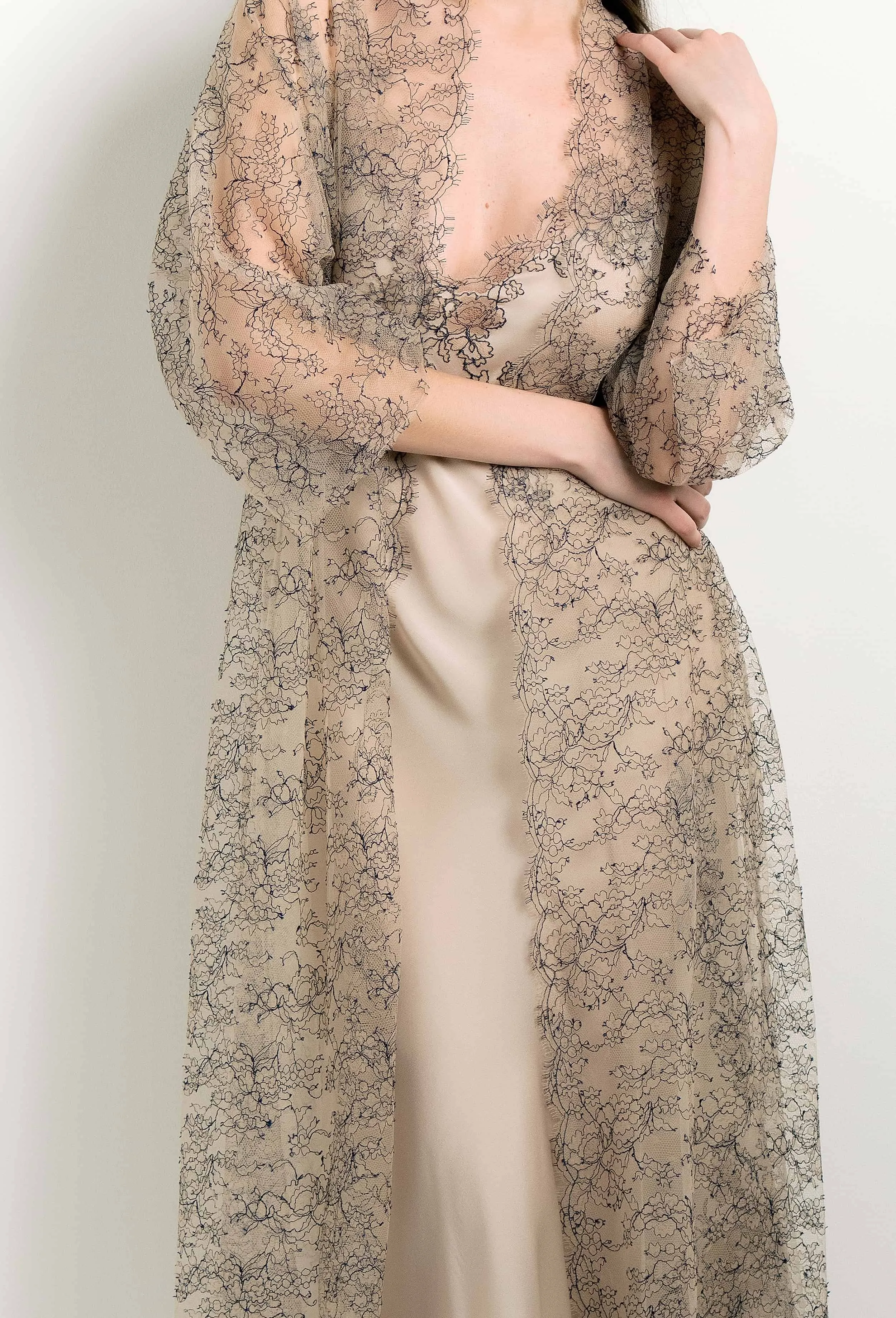 Long silk slip dress - Sand beige and BeigeNavy Caudry lace
