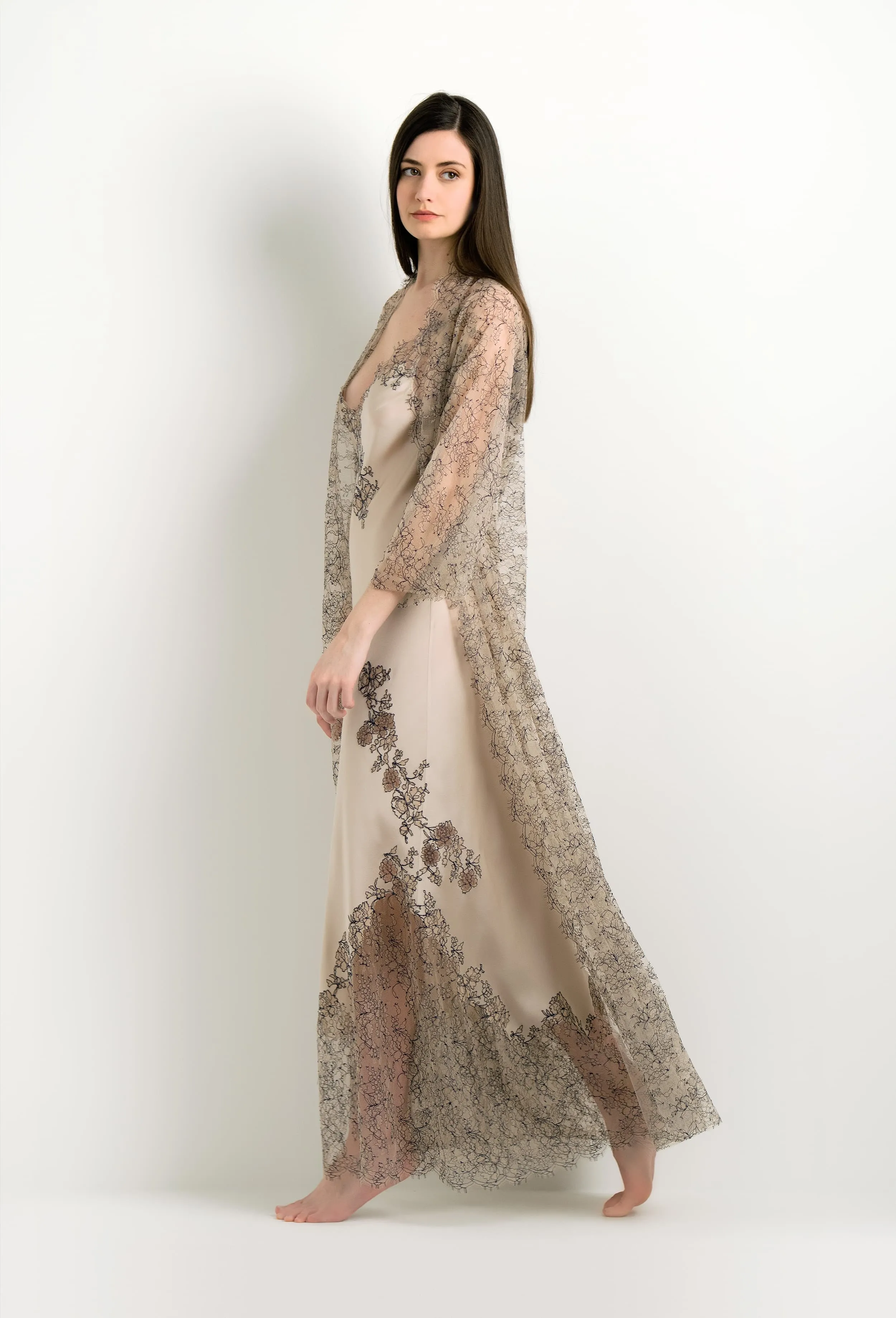 Long silk slip dress - Sand beige and BeigeNavy Caudry lace