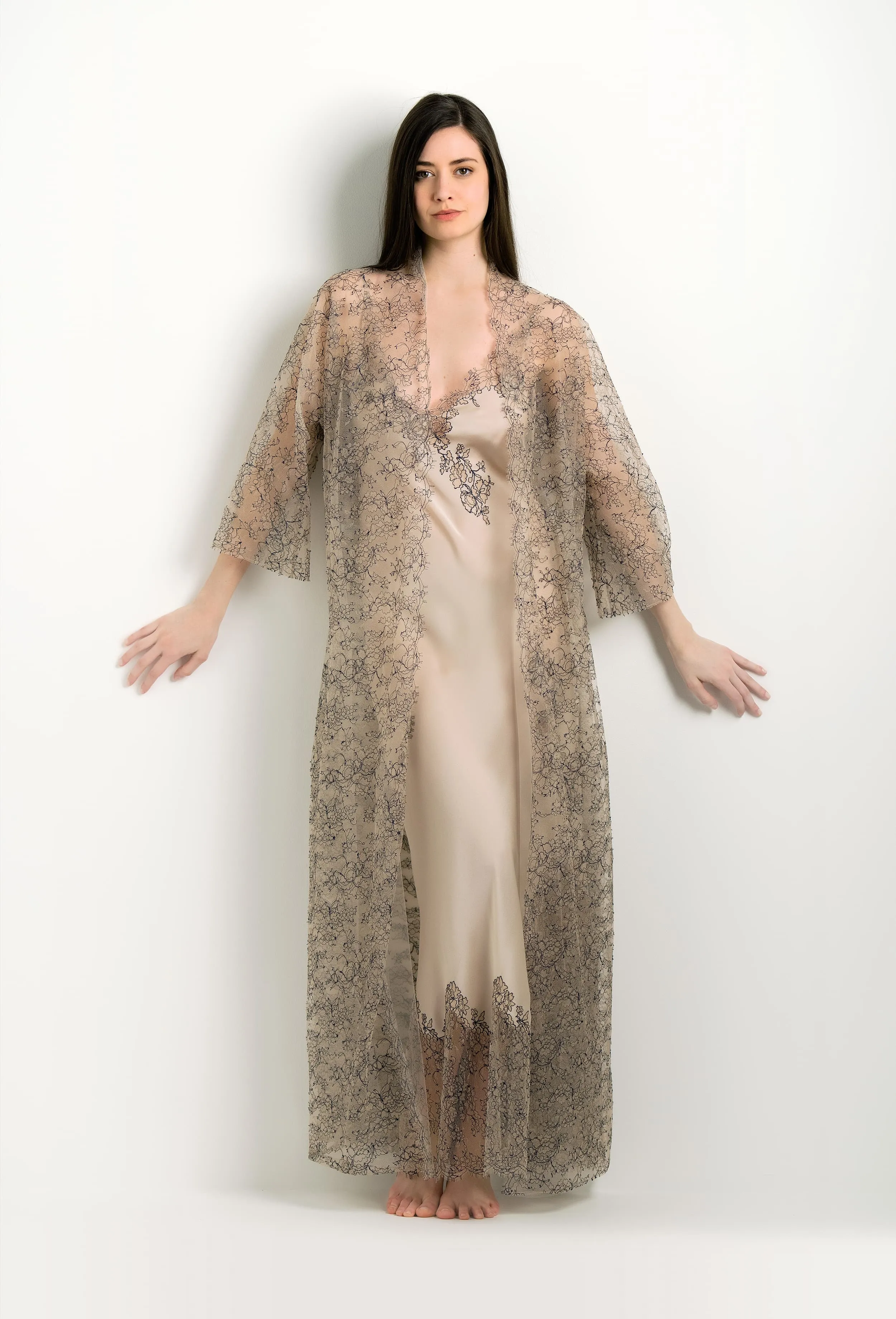 Long silk slip dress - Sand beige and BeigeNavy Caudry lace