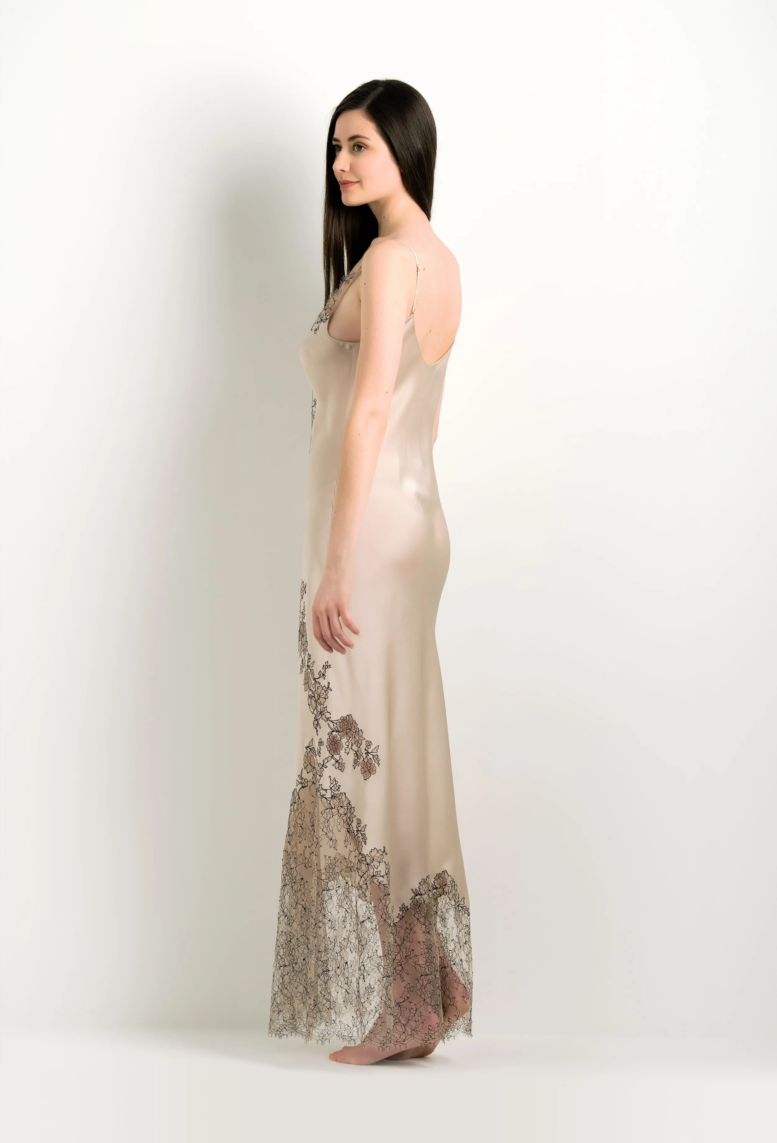 Long silk slip dress - Sand beige and BeigeNavy Caudry lace