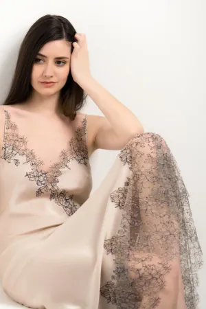 Long silk slip dress - Sand beige and BeigeNavy Caudry lace