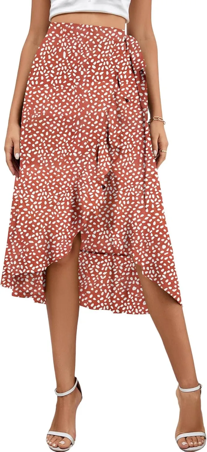 LYANER Women's Boho Floral Print Wrap Front Self Tie Knot Ruffle Hem Split Midi Skirt