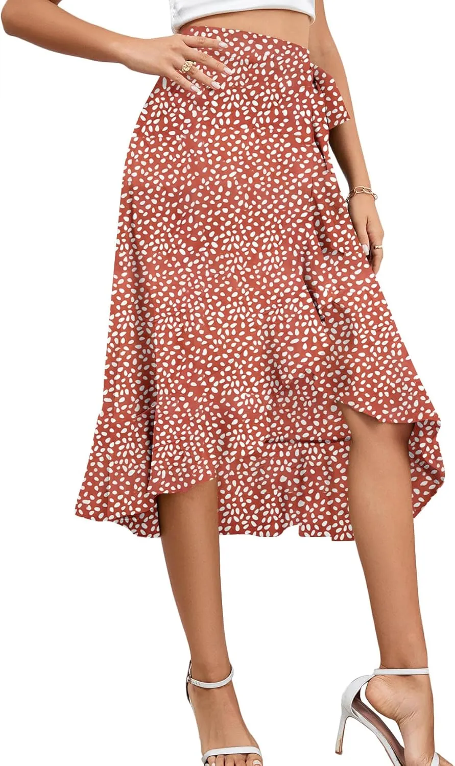 LYANER Women's Boho Floral Print Wrap Front Self Tie Knot Ruffle Hem Split Midi Skirt