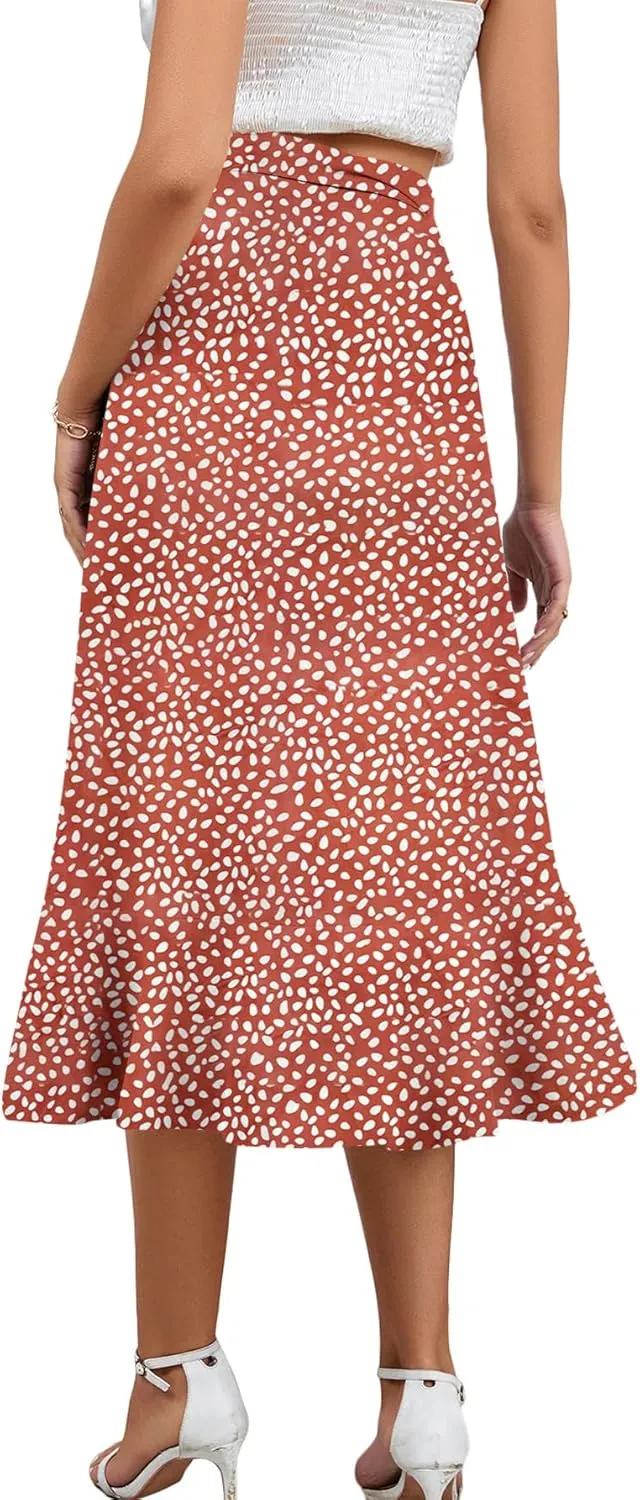 LYANER Women's Boho Floral Print Wrap Front Self Tie Knot Ruffle Hem Split Midi Skirt