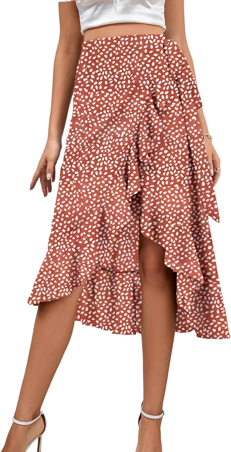 LYANER Women's Boho Floral Print Wrap Front Self Tie Knot Ruffle Hem Split Midi Skirt