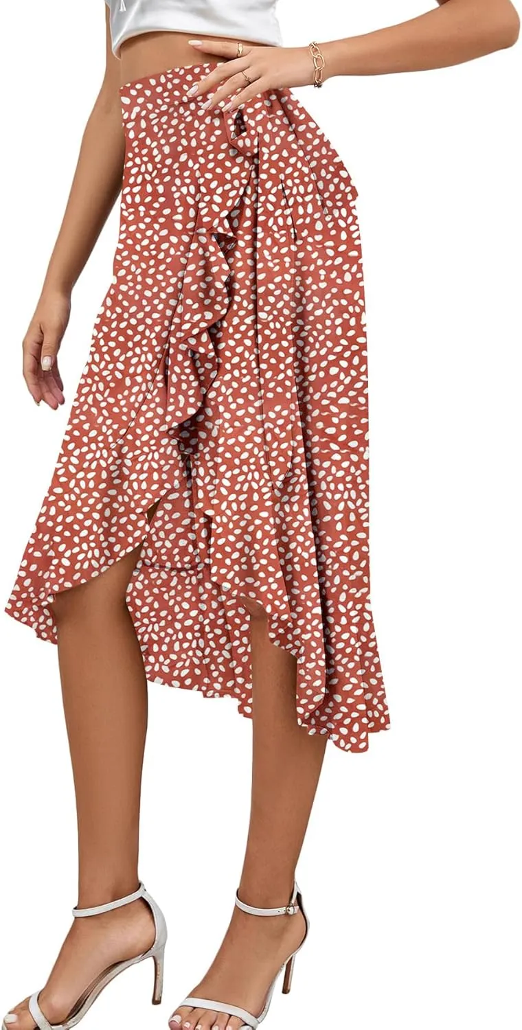 LYANER Women's Boho Floral Print Wrap Front Self Tie Knot Ruffle Hem Split Midi Skirt