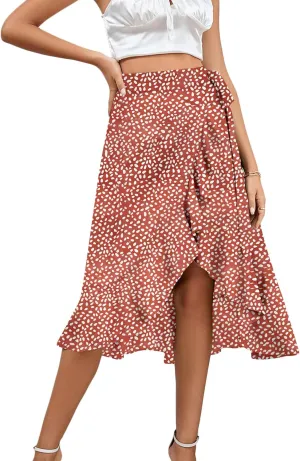 LYANER Women's Boho Floral Print Wrap Front Self Tie Knot Ruffle Hem Split Midi Skirt