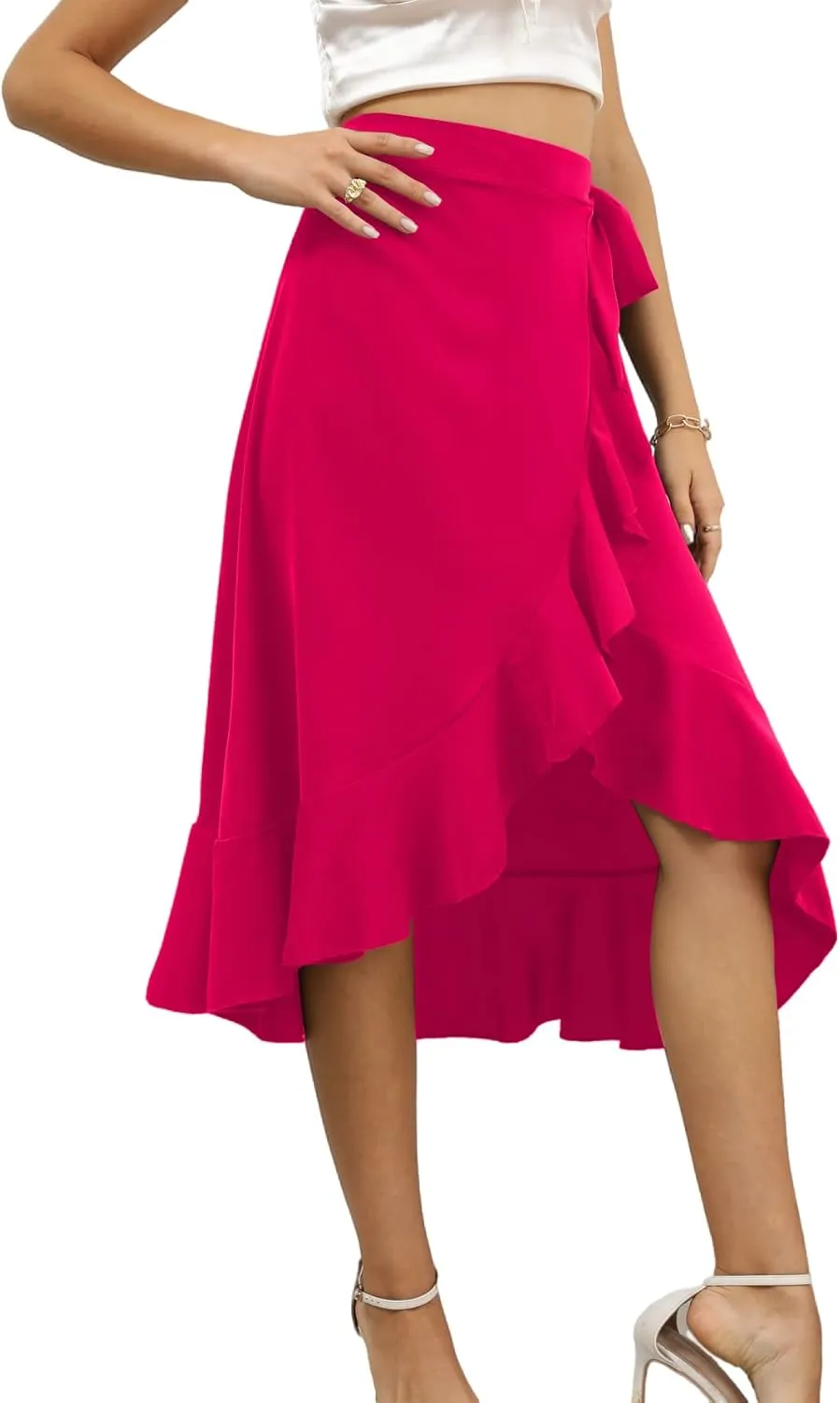 LYANER Women's Boho Floral Print Wrap Front Self Tie Knots Ruffle Hem Split Midi Skirt