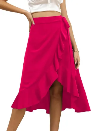 LYANER Women's Boho Floral Print Wrap Front Self Tie Knots Ruffle Hem Split Midi Skirt
