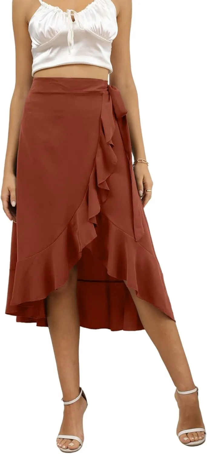 LYANER Women's Boho Floral Print Wrap Front Self Tie Knots Ruffle Hem Split Midi Skirt