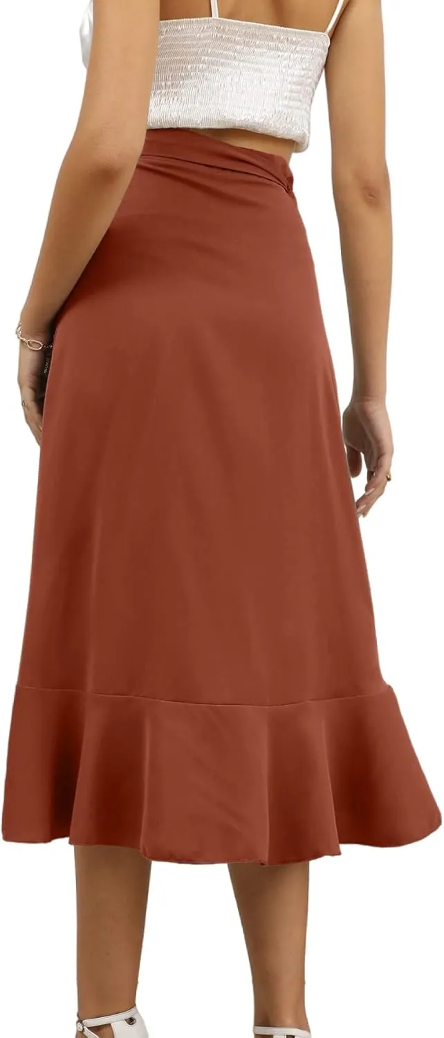 LYANER Women's Boho Floral Print Wrap Front Self Tie Knots Ruffle Hem Split Midi Skirt
