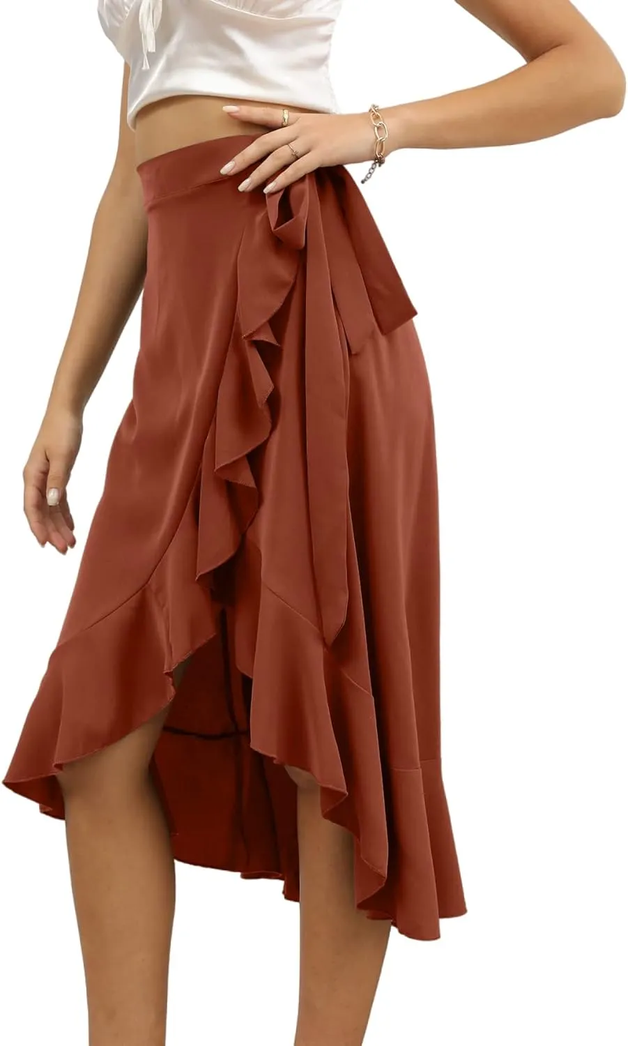 LYANER Women's Boho Floral Print Wrap Front Self Tie Knots Ruffle Hem Split Midi Skirt