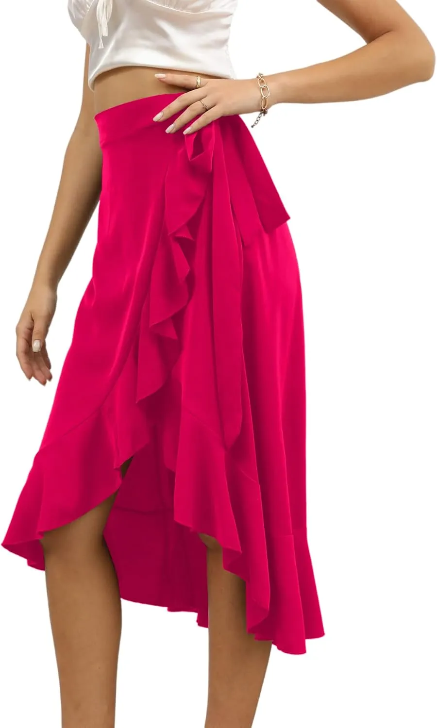 LYANER Women's Boho Floral Print Wrap Front Self Tie Knots Ruffle Hem Split Midi Skirt