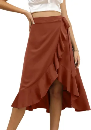 LYANER Women's Boho Floral Print Wrap Front Self Tie Knots Ruffle Hem Split Midi Skirt