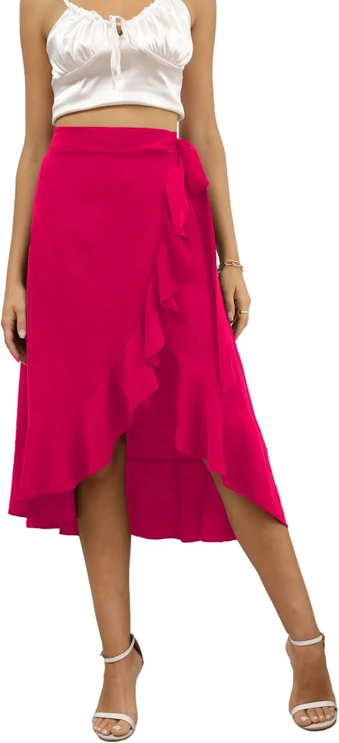 LYANER Women's Boho Floral Print Wrap Front Self Tie Knots Ruffle Hem Split Midi Skirt