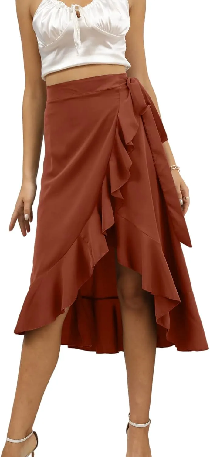 LYANER Women's Boho Floral Print Wrap Front Self Tie Knots Ruffle Hem Split Midi Skirt