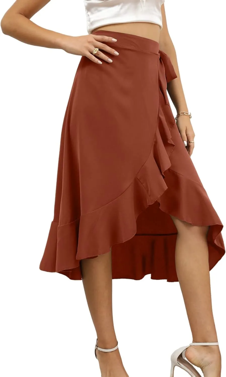 LYANER Women's Boho Floral Print Wrap Front Self Tie Knots Ruffle Hem Split Midi Skirt