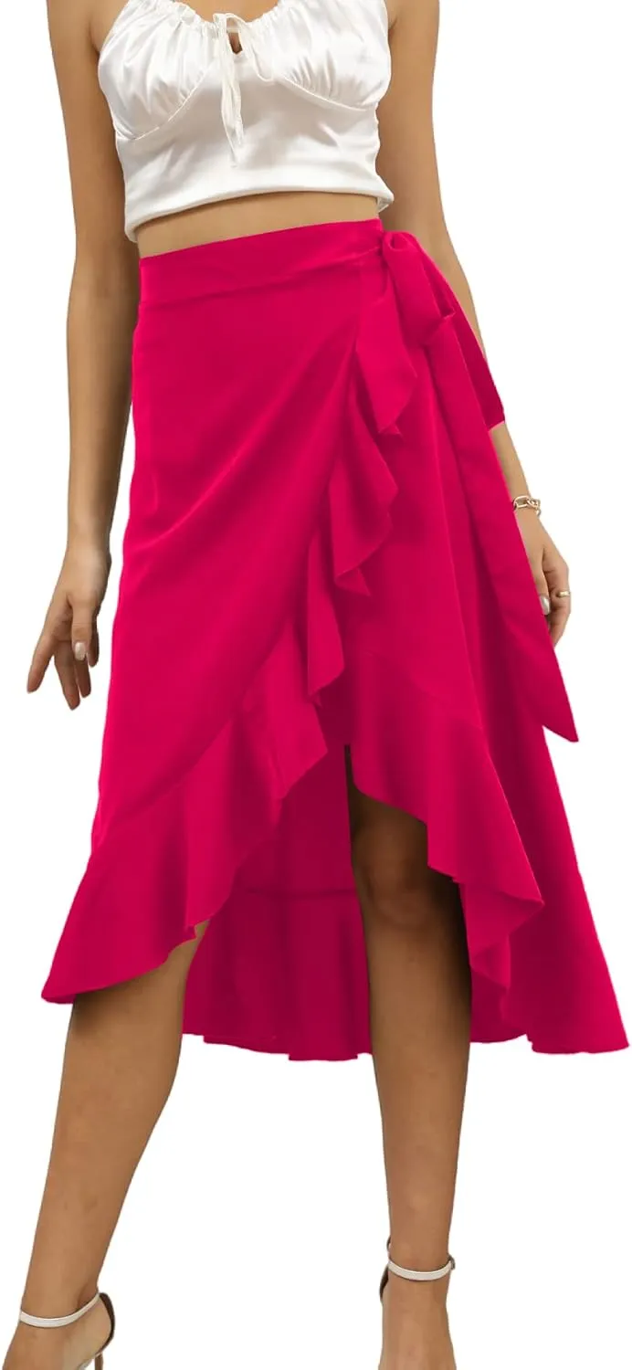 LYANER Women's Boho Floral Print Wrap Front Self Tie Knots Ruffle Hem Split Midi Skirt