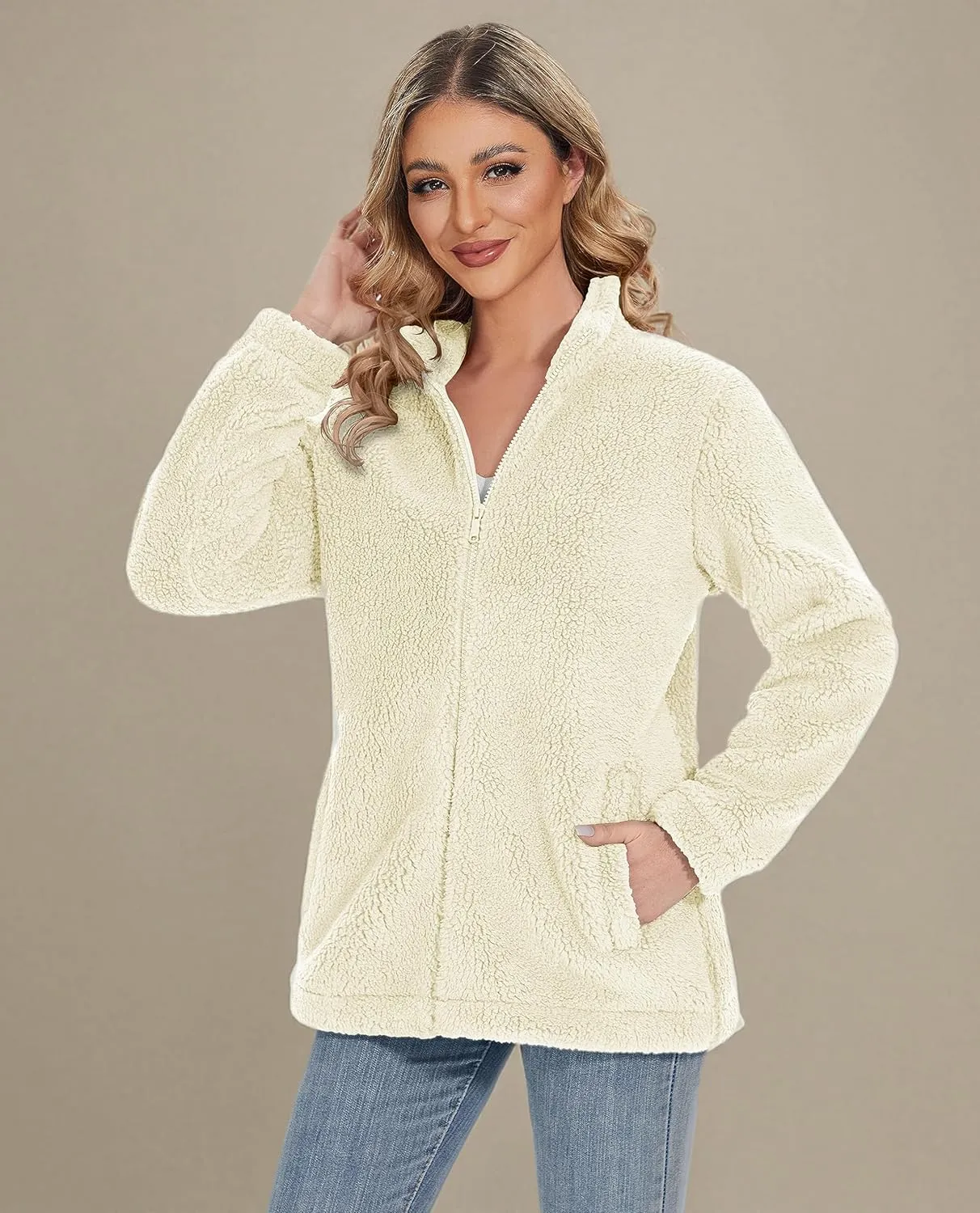MAGCOMSEN Women Sherpa Jacket Full Zip Fuzzy Teddy Coat with Pockets Fleece Lined Warm Winter Casual Outfits