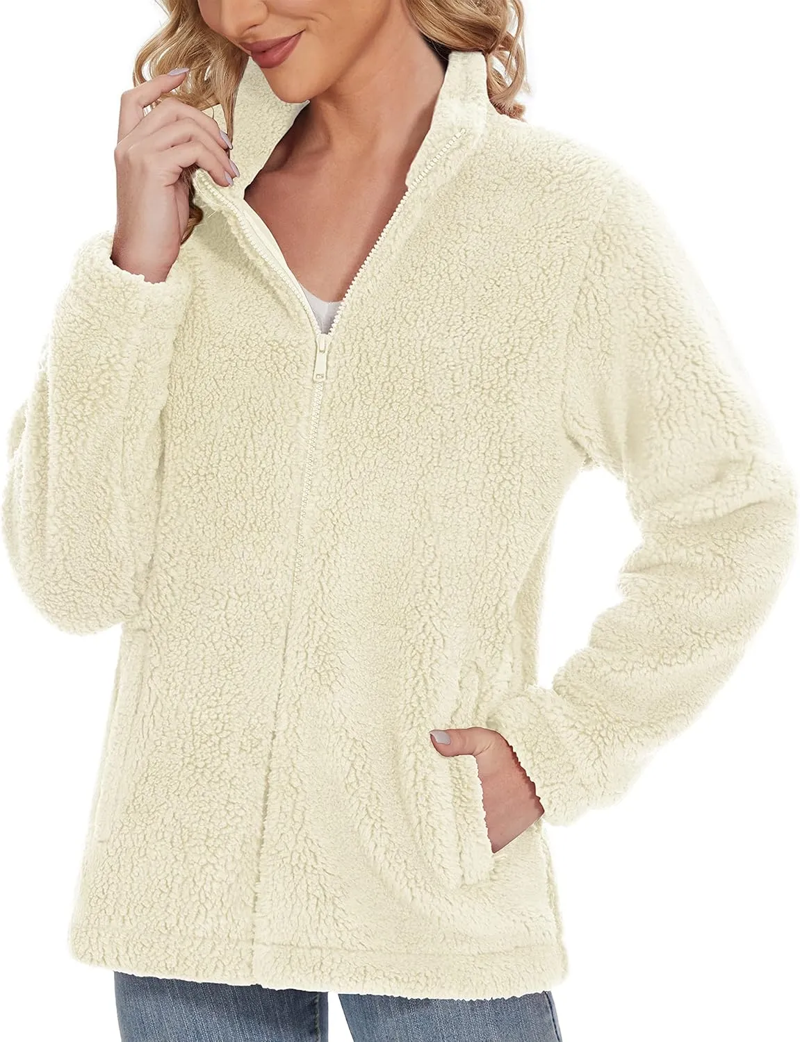 MAGCOMSEN Women Sherpa Jacket Full Zip Fuzzy Teddy Coat with Pockets Fleece Lined Warm Winter Casual Outfits