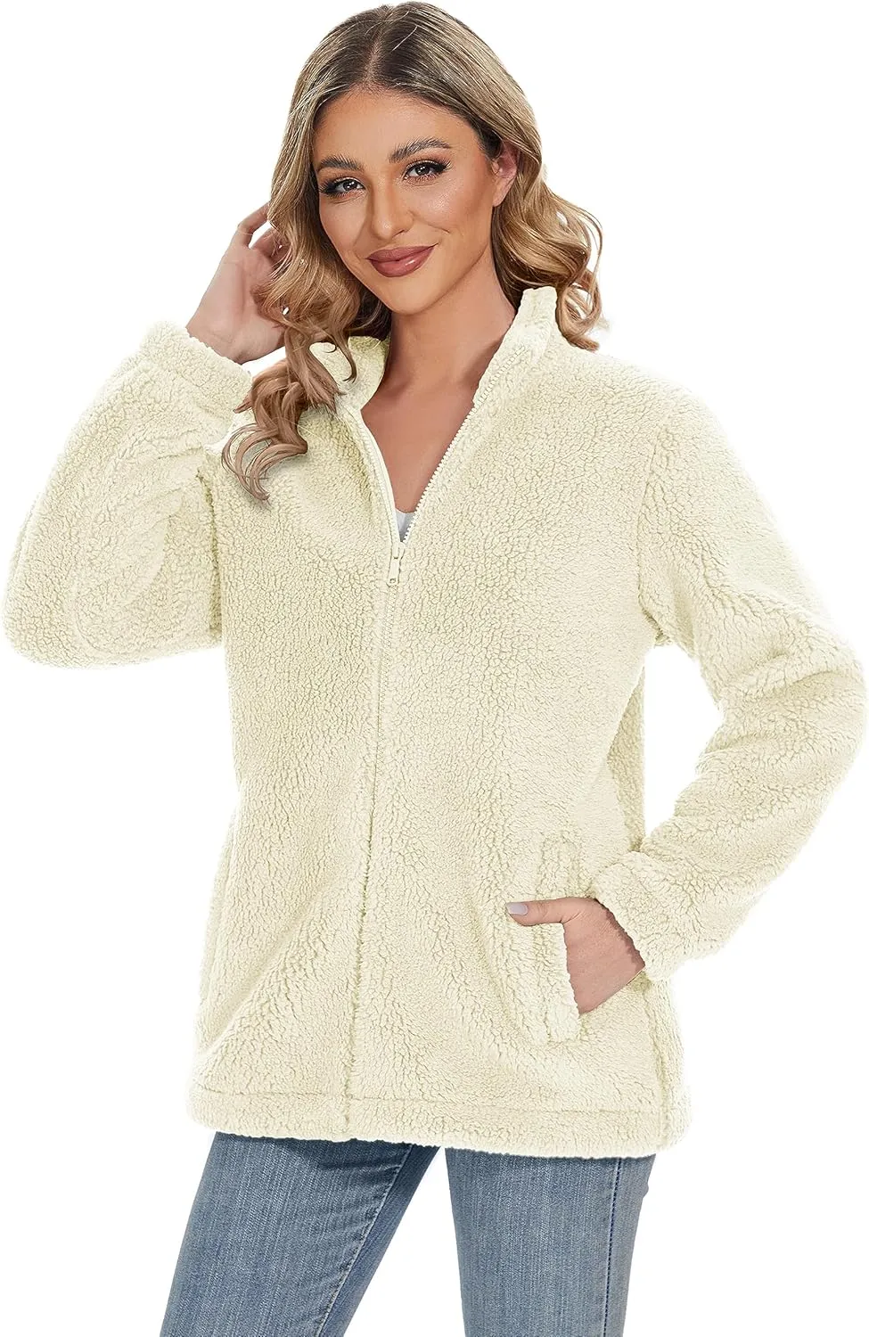 MAGCOMSEN Women Sherpa Jacket Full Zip Fuzzy Teddy Coat with Pockets Fleece Lined Warm Winter Casual Outfits