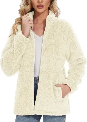 MAGCOMSEN Women Sherpa Jacket Full Zip Fuzzy Teddy Coat with Pockets Fleece Lined Warm Winter Casual Outfits