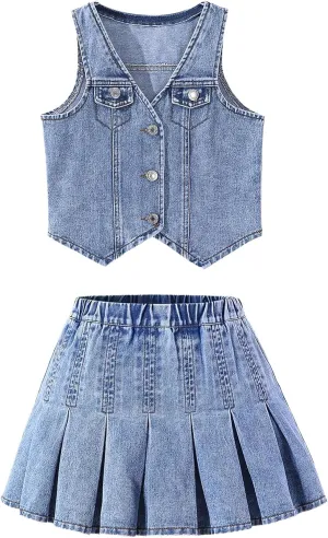 MakeMeChic Girl's Two Piece Outfits Denim Jeans Sleeveless Button Down Crop Vest and Pleated Mini Skirt Set