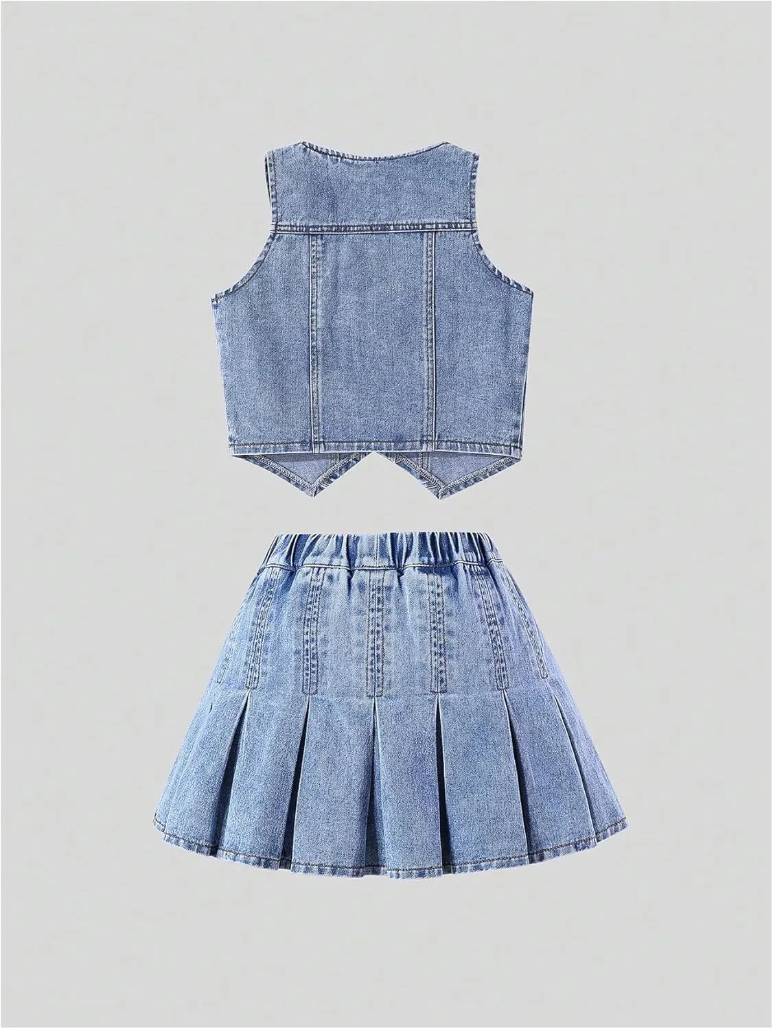 MakeMeChic Girl's Two Piece Outfits Denim Jeans Sleeveless Button Down Crop Vest and Pleated Mini Skirt Set