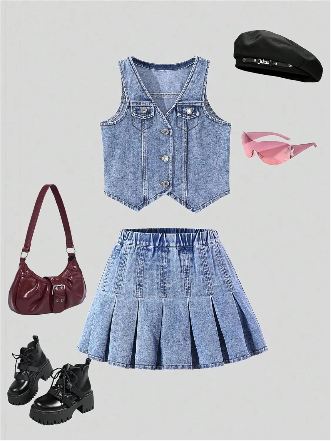 MakeMeChic Girl's Two Piece Outfits Denim Jeans Sleeveless Button Down Crop Vest and Pleated Mini Skirt Set