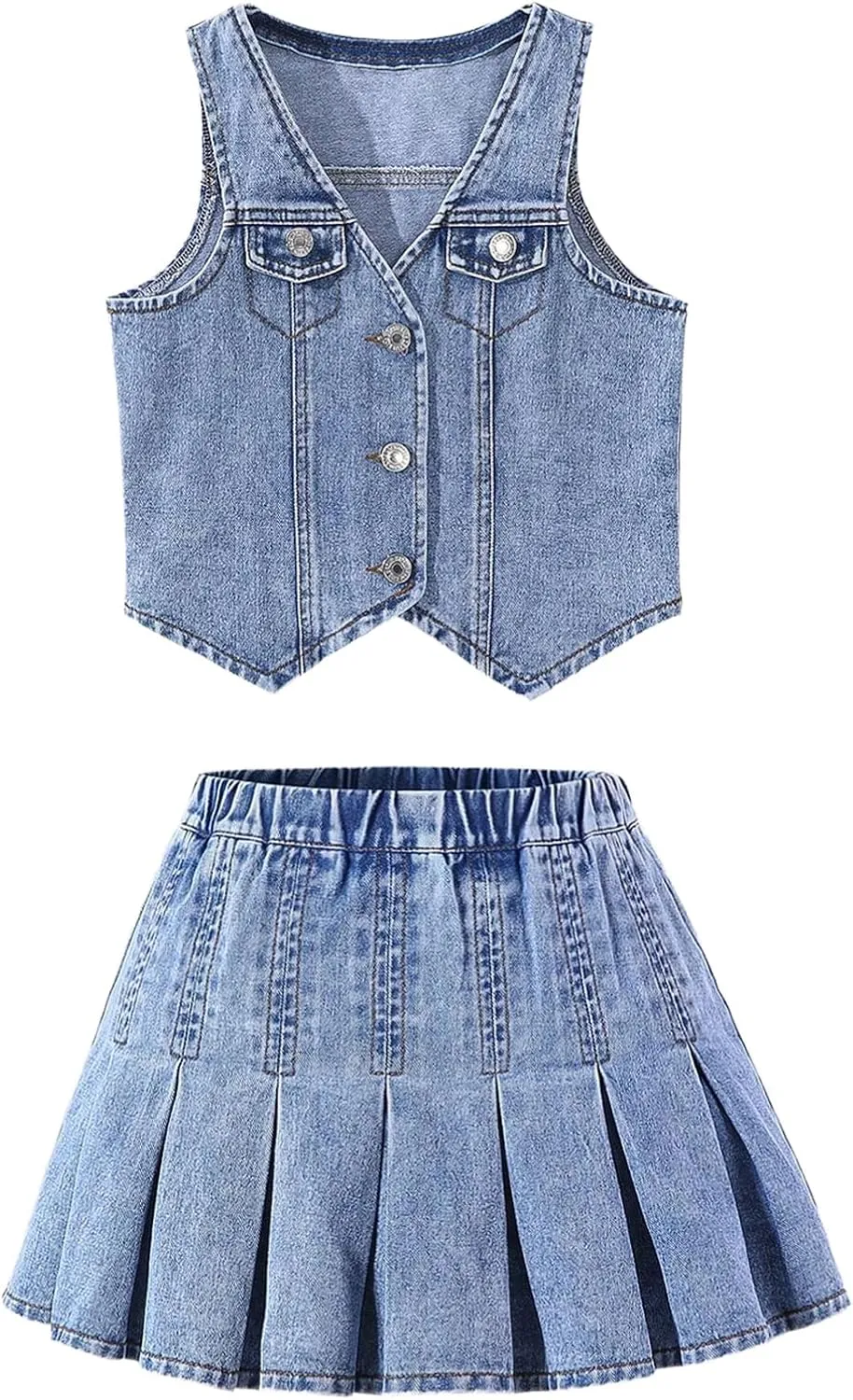 MakeMeChic Girl's Two Piece Outfits Denim Jeans Sleeveless Button Down Crop Vest and Pleated Mini Skirt Set
