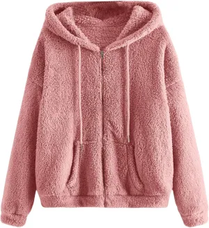 MakeMeChic Women's Faux Fur Coat Long Sleeve Zip Up Fuzzy Hoodie Lightweight Teddy Bear Fleece Jacket